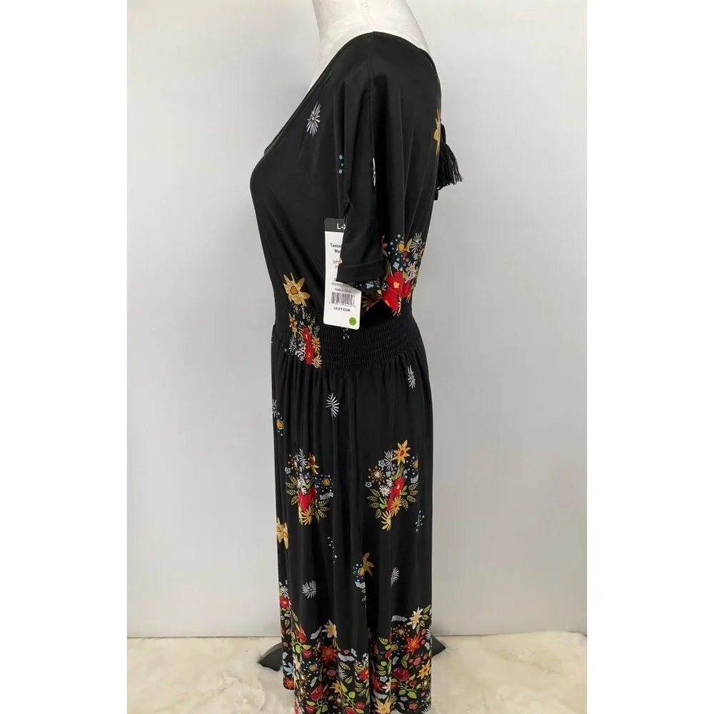 Lildy New Size L/XL Tassel Tie Back Maxi Dress Black Floral Boho - Picture 5 of 10